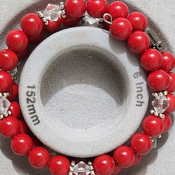 Hand Crafted Wrap Bracelet Bright Red Clear Crystals Black Pave Cross Coil - Picture 4 of 10